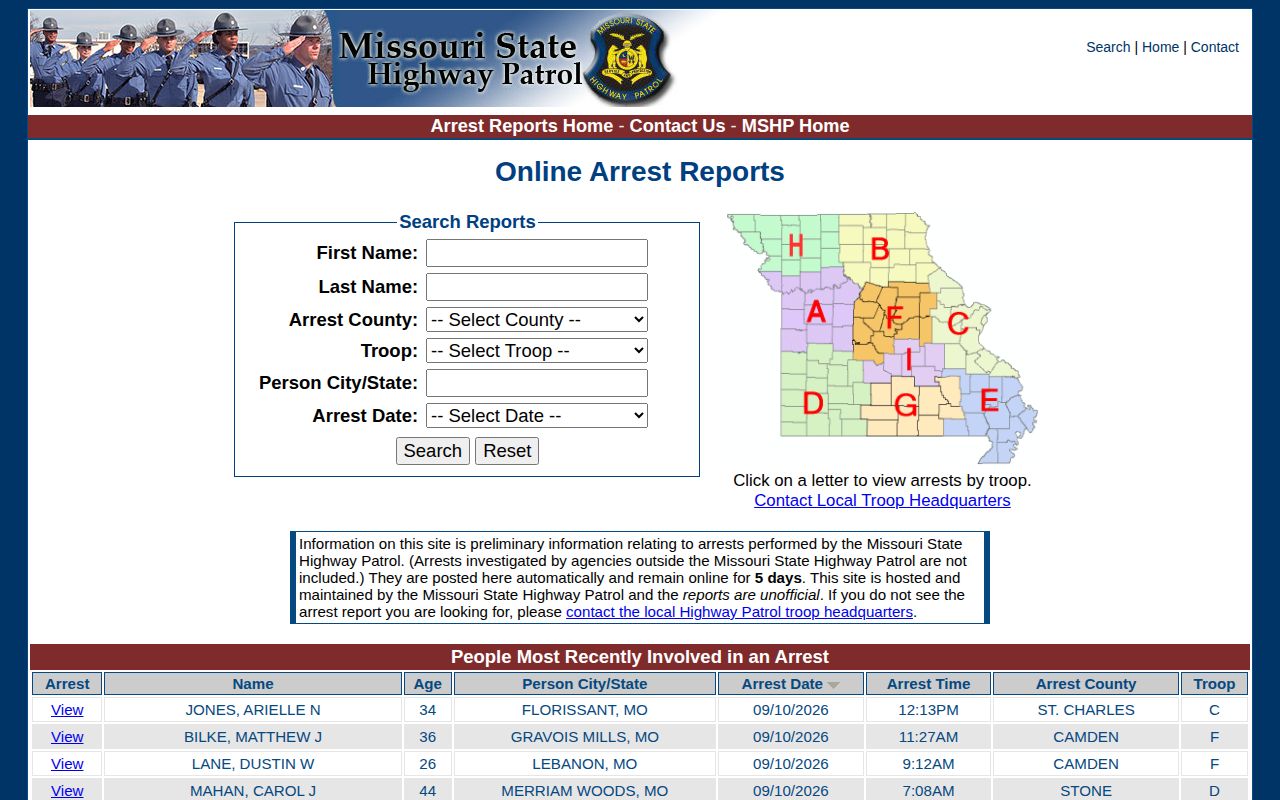 Missouri State Highway Patrol Arrest Reports search with county and date controls