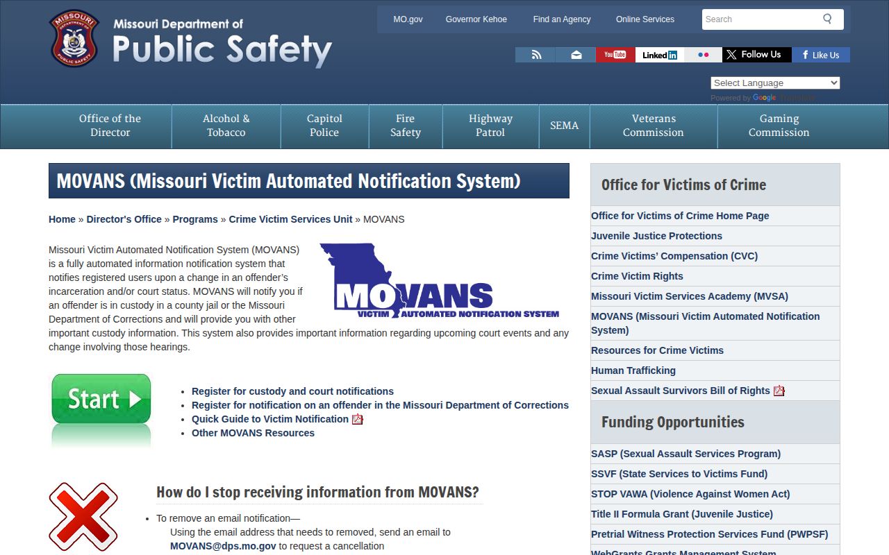 Missouri DPS MOVANS program page with official notification information