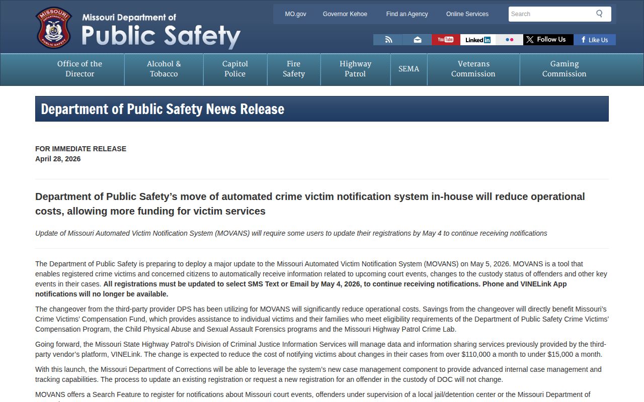 Monroe County arrest alert and Missouri MOVANS transition notice