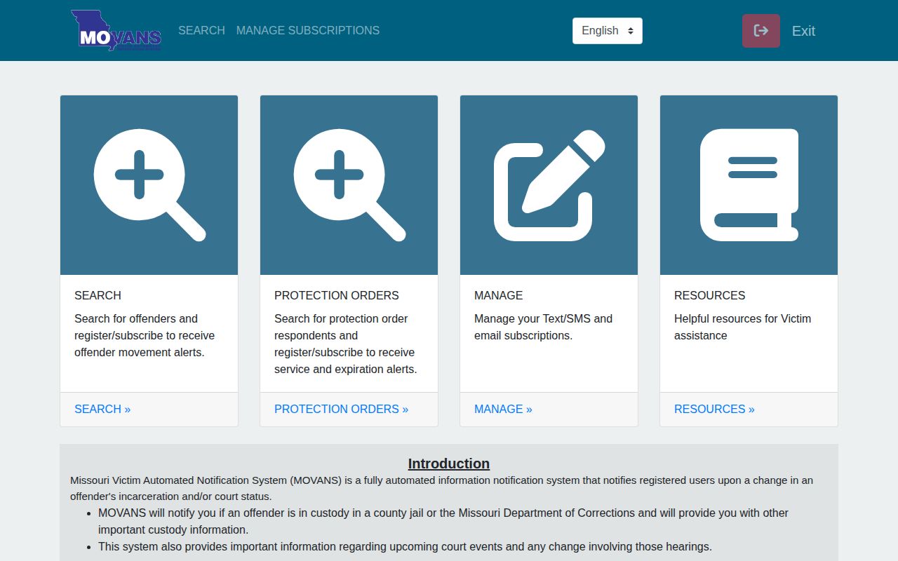 Missouri MOVANS public page for custody and court notification access